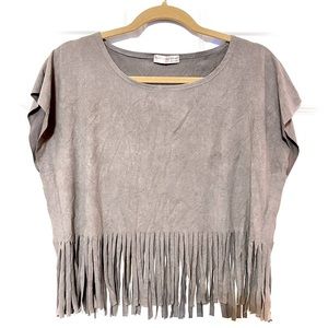 Short sleeve fringe faux suede top!